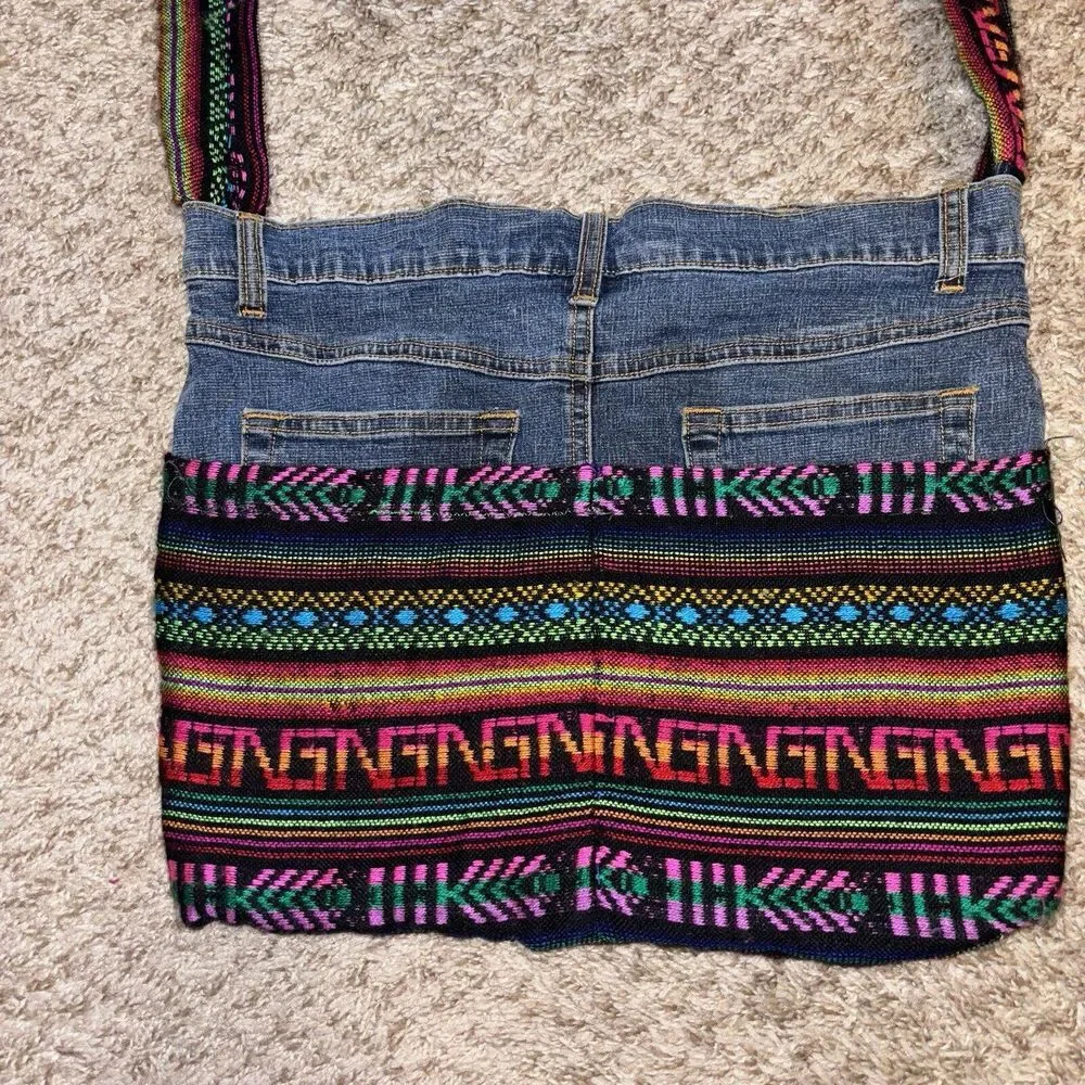 Upcycled Handmade Denim Jean Crossbody Hobo Bag Unique Boho Hippie Gypsy Clutter